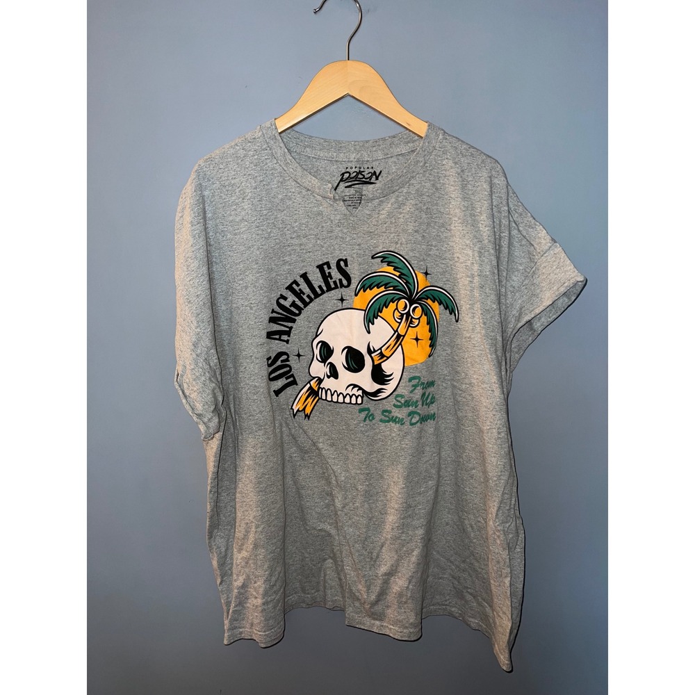 Popular Poison Los Angeles Skull Palm Tree Cut Off Sleeve Graphic Tee Gray 3XL
